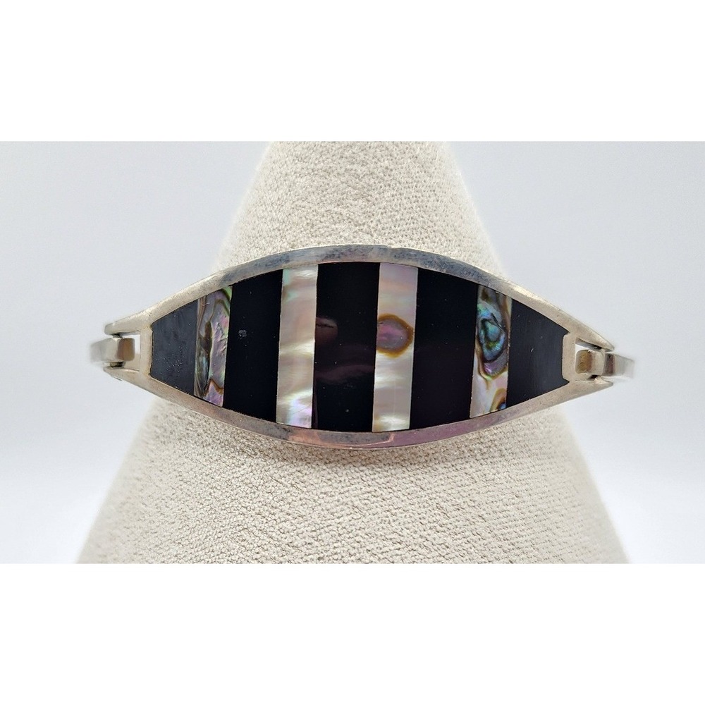 Taxco Alpaca Mexico Hinged Bangle Bracelet Silver Tone Black/White Abalone Inlay
